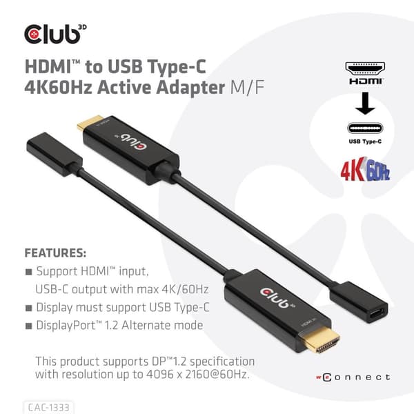 Club 3D - Adapterkabel - HDMI han til USB-C hun - 22 cm - aktiv, understøtter 4K 60 Hz