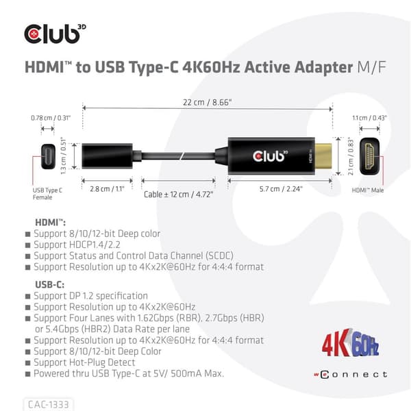 Club 3D - Adapterkabel - HDMI han til USB-C hun - 22 cm - aktiv, understøtter 4K 60 Hz