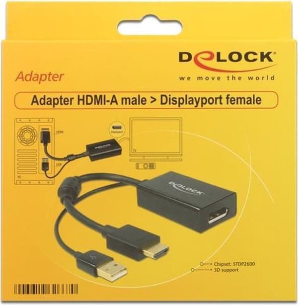 Delock 62667 HDMI / DisplayPort Adapter [1x HDMI-stik - 1x DisplayPort-stik] Sorte guldbelagte stikkontakter, Med ferritkerne 25,00 cm