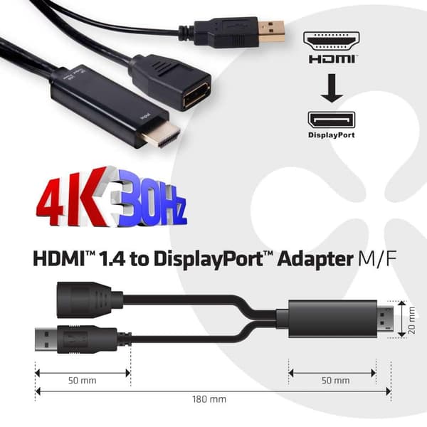 club3D CAC-2330 HDMI-adapter [1x HDMI-stik - 1x DisplayPort-stik] Sort