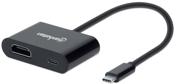 Manhattan USB-C–USB-C (virtalähteellä) ja HDMI-kaapeli, 4K, 19,5 cm, miehistä naisiin, 4K@60Hz, virransyöttö jopa 60 W, 20 V / 3 A, Thunderbolt 3 -yht musta