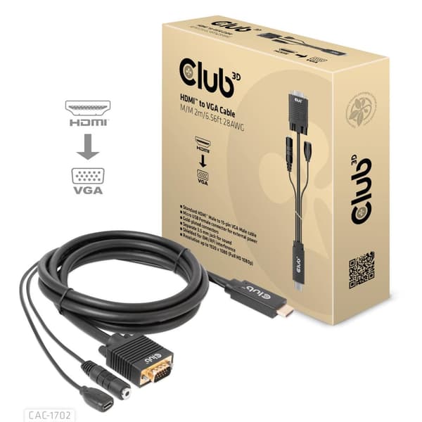 Club 3D - Adapterkabel - HDMI, Micro USB Typ B (endast ström) hane till HD-15 (VGA), Stereo minijack - 2m - 1080p stöd