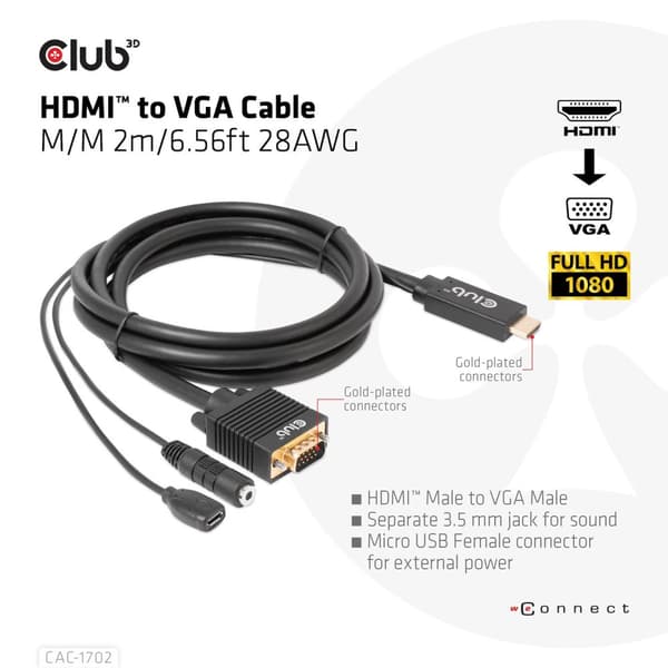 Club 3D - Adapterkabel - HDMI, Micro USB Typ B (endast ström) hane till HD-15 (VGA), Stereo minijack - 2m - 1080p stöd