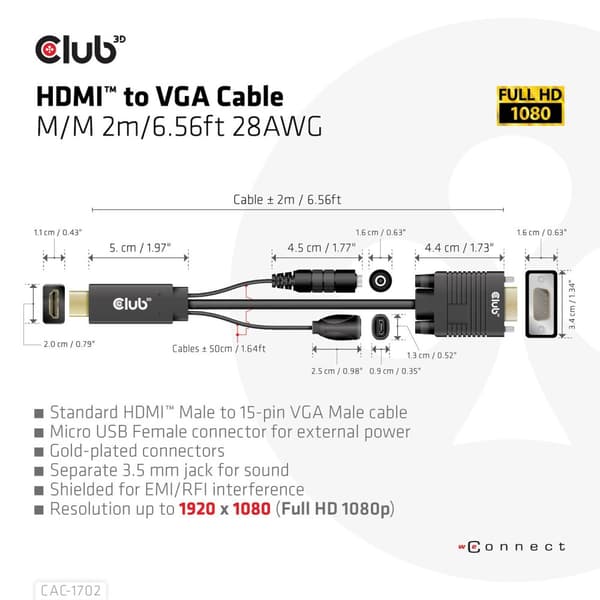 Club 3D - Adapterkabel - HDMI, Micro USB Typ B (endast ström) hane till HD-15 (VGA), Stereo minijack - 2m - 1080p stöd