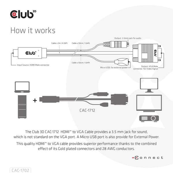 Club 3D - Adapterkabel - HDMI, Micro USB Typ B (endast ström) hane till HD-15 (VGA), Stereo minijack - 2m - 1080p stöd
