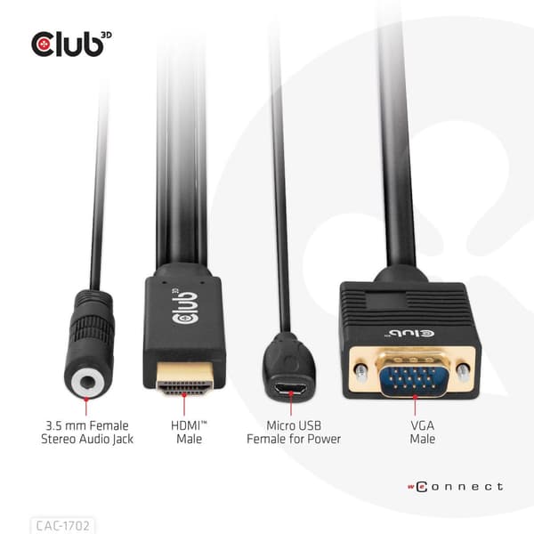 Club 3D - Adapterkabel - HDMI, Micro USB Typ B (endast ström) hane till HD-15 (VGA), Stereo minijack - 2m - 1080p stöd