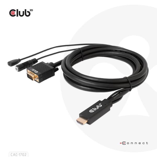 Club 3D - Adapterkabel - HDMI, Micro USB Type B (kun strøm) han til HD-15 (VGA), Stereo ministik - 2m - 1080p understøttelse