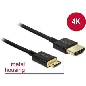 DeLOCK Slim høj kvalitet - HDMI med Ethernet-kabel - mini HDMI (M) til HDMI (M) - 25 cm - tredobbelt skærmet parsnoet kabel - sort - 4K-understøttelse