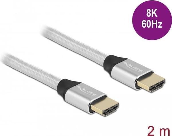 Delock - Ultra High Speed HDMI-kaapeli - HDMI-uros-HDMI-uros - 2,0 m - kolminkertainen eristys - hopea - kullatut kontaktit, tukee 8K 60 Hz (7680 x 43