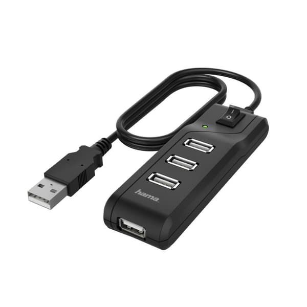 Hama USB Hub, 4 portar, USB 2.0, 480 Mbit/s, På/Av-brytare