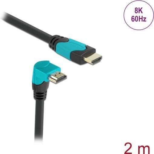 Delock - Hög hastighet - HDMI-kabel - HDMI-hane rakt till HDMI-hane vinklad nedåt - 2 m - svart, turkos - Dolby DTS-HD Master Audio-stöd, Dolby TrueHD