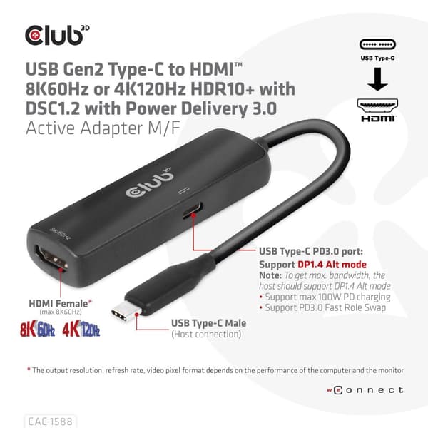 CLUB3D USB Gen2 Type-C till HDMI™ 8K60Hz eller 4K120Hz HDR10+ med DSC1.2 med Power Delivery 3.0 Active Adapter M/F