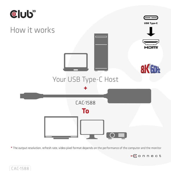 CLUB3D USB Gen2 Type-C till HDMI™ 8K60Hz eller 4K120Hz HDR10+ med DSC1.2 med Power Delivery 3.0 Active Adapter M/F