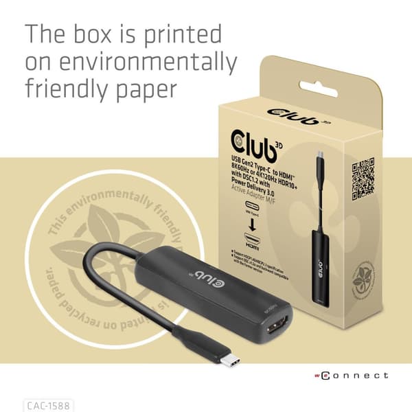 CLUB3D USB Gen2 Type-C till HDMI™ 8K60Hz eller 4K120Hz HDR10+ med DSC1.2 med Power Delivery 3.0 Active Adapter M/F