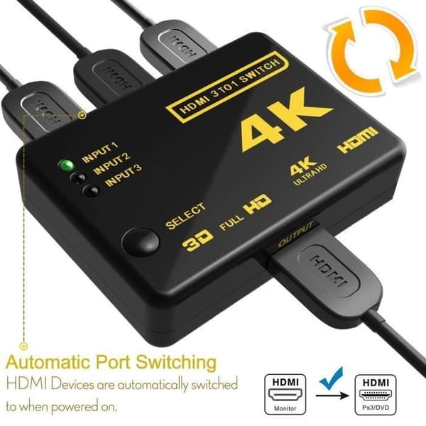 4K HDMI Switch, Phoebe168 Intelligent 3 Ports HDMI Switcher, Splitter, Stöder 4K, 1080P Full HD-video, 3D 1243