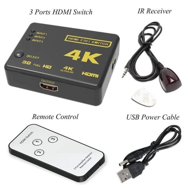 4K HDMI Switch, Phoebe168 Intelligent 3 Ports HDMI Switcher, Splitter, Stöder 4K, 1080P Full HD-video, 3D 1243