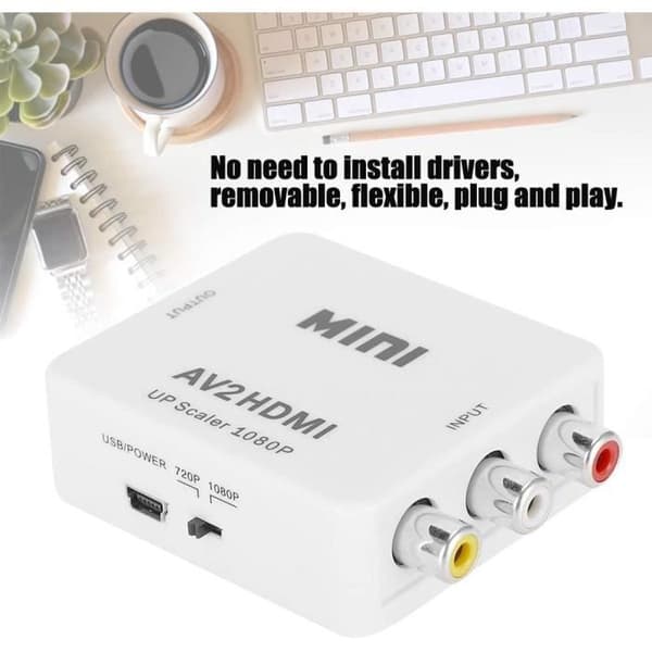 RCA till HDMI Converter, Mini RCA till HDMI Adapter AV2HDMI HD Converter, HDMI Video Audio Converter som stöder A201
