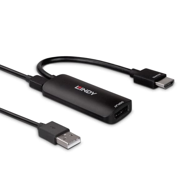 Lindy - Adapterkabel - HDMI hane till DisplayPort, Micro USB Typ B (endast strömförsörjning) - 6,25" - Svart - Stöder 8K 60 Hz (7680 x 4320), Stöder 4