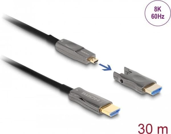 Delock - Høj hastighed - HDMI-kabel - 19-bens mikro HDMI Type D han til HDMI han - 30,0 m - Hybrid kobber/kulfiber - Sort - Understøtter 8K 60 Hz, 12,