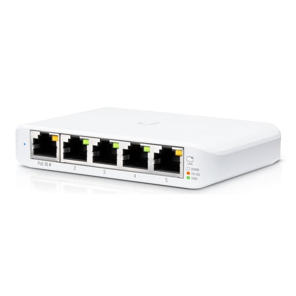 UBIQUITI Flex Mini; (4) GbE ports; (1) GbE PoE input port for power; Optional powering with included 5V, 1A USB-C adapter. Vit
