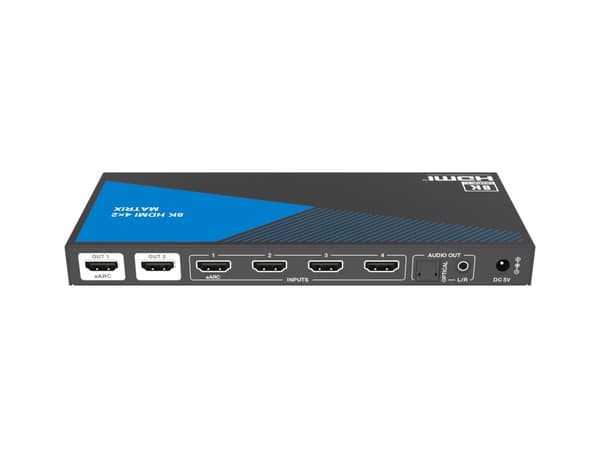 NÖRDIC 8K HDMI 2.1 eARC/ARC matrisebryter 4x2 med Extractor Toslink & Stereo, HDMI CEC, Dolby Atmos/Digital Plus, DTS Master