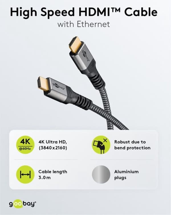 Goobay Premium High-Speed HDMI™-kabel med Ethernet 4K@60Hz – 1 meter
