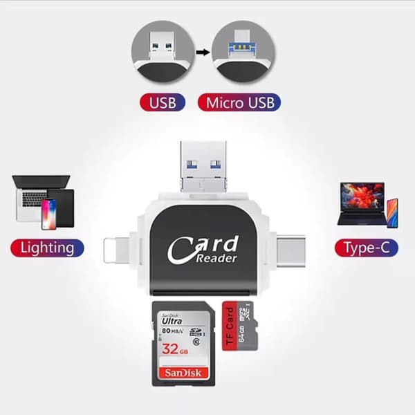 Moniporttinen 4-in-1-kortinlukija, USB C SD TF -muistikortinlukija