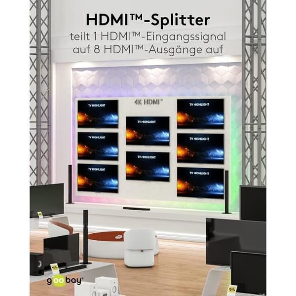 HDMI Splitter 1x8 - goobay - 58484 - 4K 60 Hz - Aluminium - Plug &amp; Play