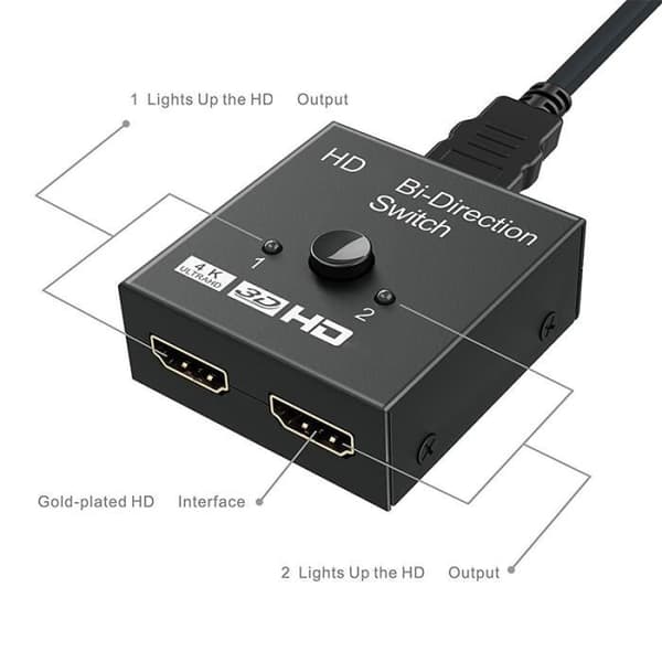 2-vägs switchfördelare 2 portar, kompatibel med HDMI 4K, 1x2-2x1, HD, 4K, 1080P, 3D HDR, HDCP,