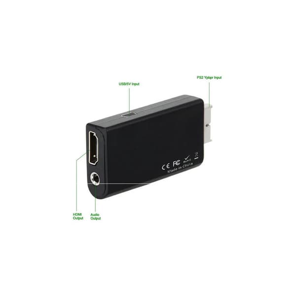 Raptor HDMI-sovitin Playstation 2:lle, jossa on 3,5 mm:n äänilähtö
