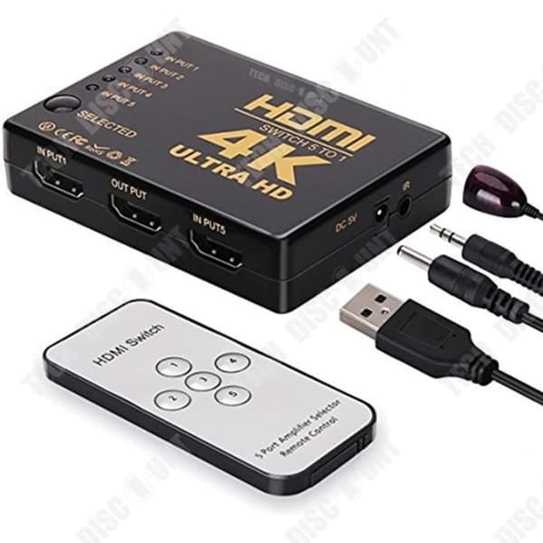 TD® HDMI-switch med 5 ingångar 4K, HDMI-adapter för TV, konsoler eller DVD, fjärrkontroll för att växla mellan enheterna.
