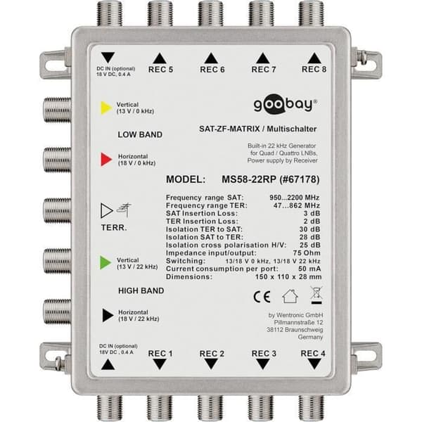 GOOBAY 67178 Passiv switch SAT 5 ingångar 8 utgångar silver svart
