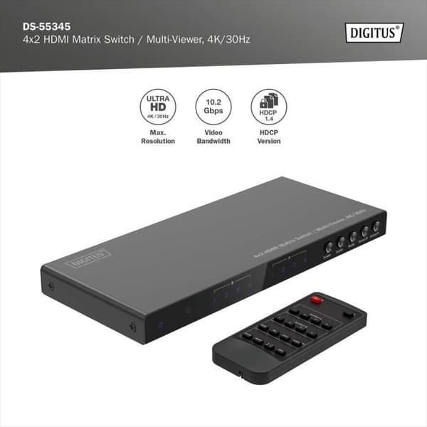 HDMI-switch - DIGITUS - DS-55345 - 4x2 - UHD 4K30 Hz - Multi Viewer - Svart Metall