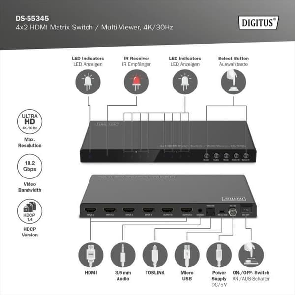 HDMI-switch - DIGITUS - DS-55345 - 4x2 - UHD 4K30 Hz - Multi Viewer - Svart Metall