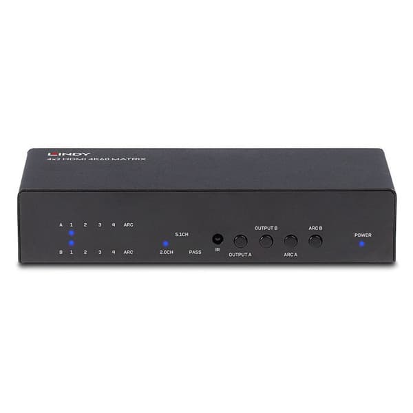 HDMI-switch - LINDY - 4K 60Hz - 4 ingångar - 2 utgångar - Optisk och analog ljud