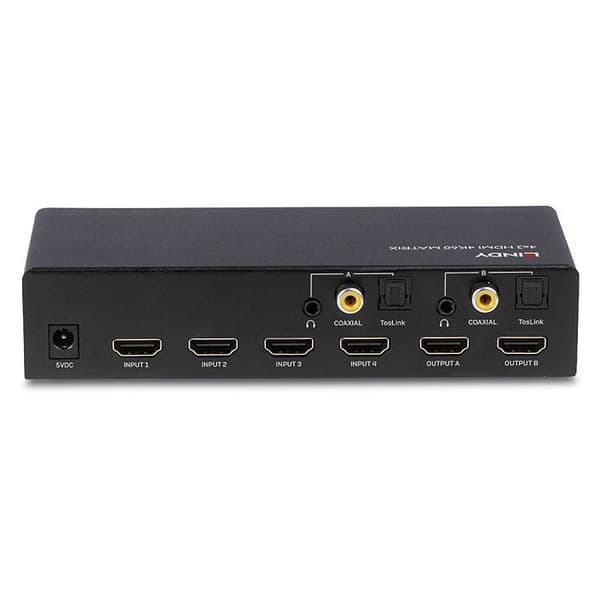 HDMI-switch - LINDY - 4K 60Hz - 4 ingångar - 2 utgångar - Optisk och analog ljud
