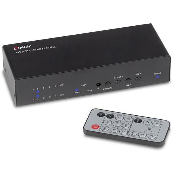 HDMI-switch - LINDY - 4K 60Hz - 4 ingångar - 2 utgångar - Optisk och analog ljud