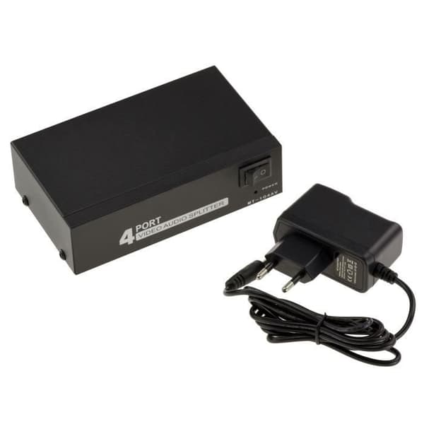 AUDIO Stereo + VIDEO Composite Splitter - 4 portar Förstärker en stereo- och/eller videosignal och duplicerar den 4 gånger