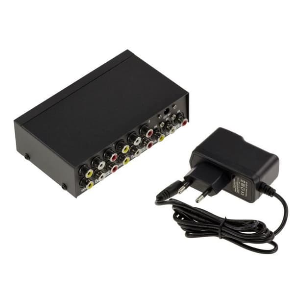 AUDIO Stereo + VIDEO Composite Splitter - 4 portar Förstärker en stereo- och/eller videosignal och duplicerar den 4 gånger