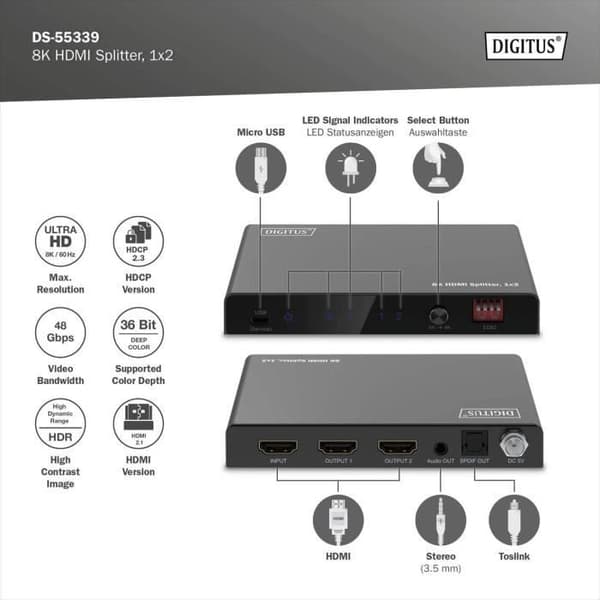 HDMI 2.1-splitter - DIGITUS - DS-55339 - 8K60Hz - Ljudutvinning - Anpassningsbara EDID-inställningar