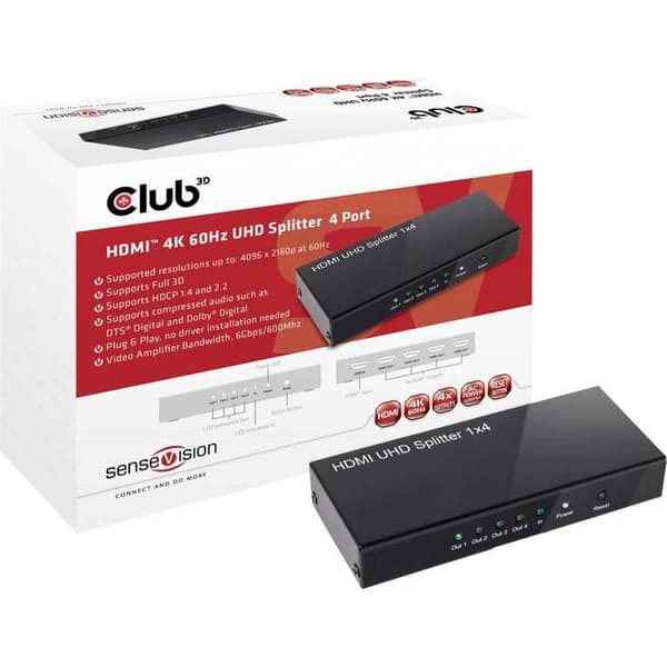 4 x HDMI video-ljud splitter - CLUB 3D - SenseVision CSV-1380 - HDCP-kompatibel - 3D-stöd - 4K-upplösning