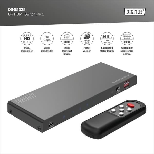 HDMI-switch 4x1 - DIGITUS - DS-55335 - 8K60Hz - HDCP 2.3 - Fjärrkontroll