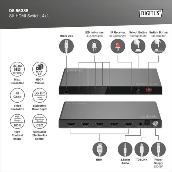 HDMI-switch 4x1 - DIGITUS - DS-55335 - 8K60Hz - HDCP 2.3 - Fjärrkontroll