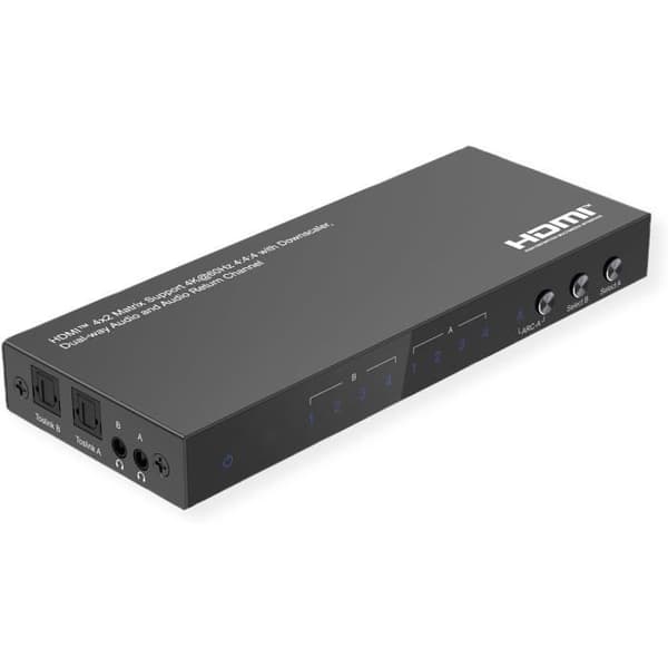 HDMI 4K matrisväxel - VALUE - 4x2 - IR fjärrkontroll - HDCP 2.2 - Båda riktningars ljudutvinning