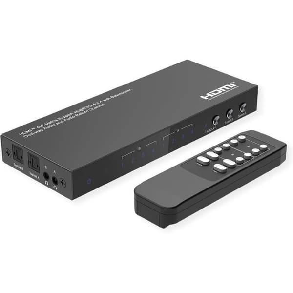 HDMI 4K matrisväxel - VALUE - 4x2 - IR fjärrkontroll - HDCP 2.2 - Båda riktningars ljudutvinning