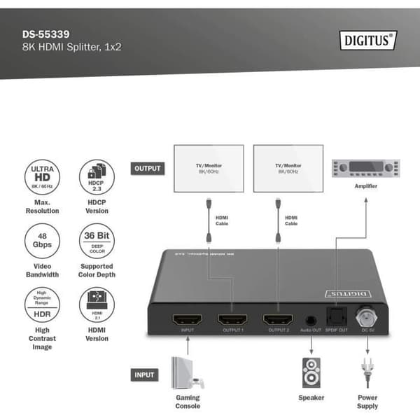 HDMI 2.1-splitter - DIGITUS - DS-55339 - 8K60Hz - Ljudutvinning - Anpassningsbara EDID-inställningar