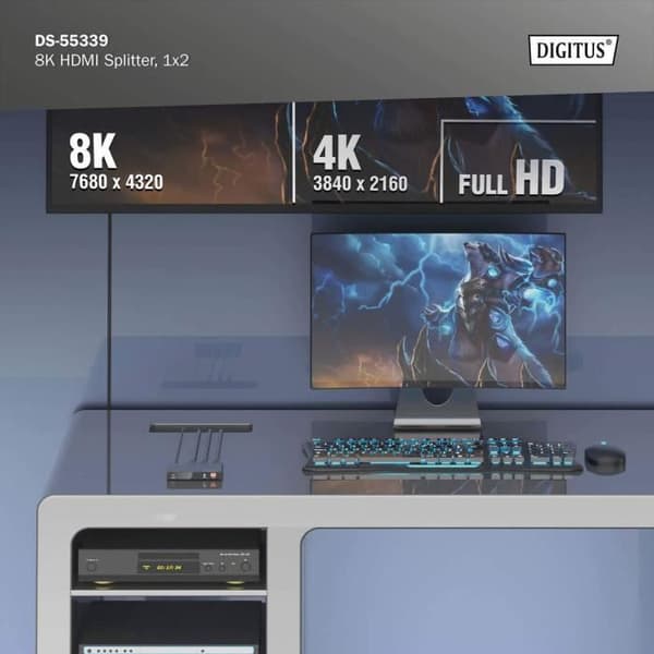 HDMI 2.1-splitter - DIGITUS - DS-55339 - 8K60Hz - Ljudutvinning - Anpassningsbara EDID-inställningar