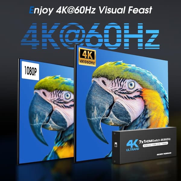 HDMI 2.0-switch 7x1 HDMI-switch med infraröd fjärrkontroll, automatisk växling, stöd för 4K60HZ