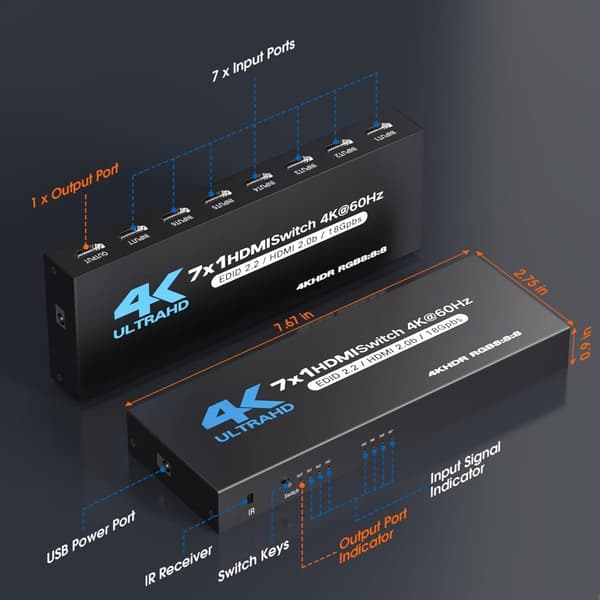 HDMI 2.0-switch 7x1 HDMI-switch med infraröd fjärrkontroll, automatisk växling, stöd för 4K60HZ