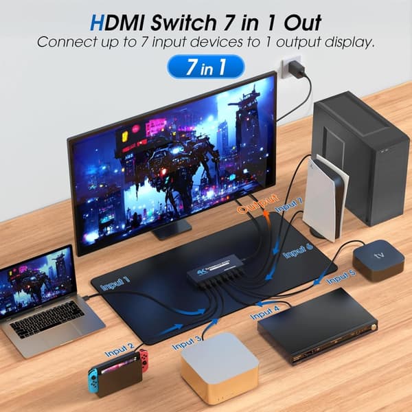 HDMI 2.0-switch 7x1 HDMI-switch med infraröd fjärrkontroll, automatisk växling, stöd för 4K60HZ